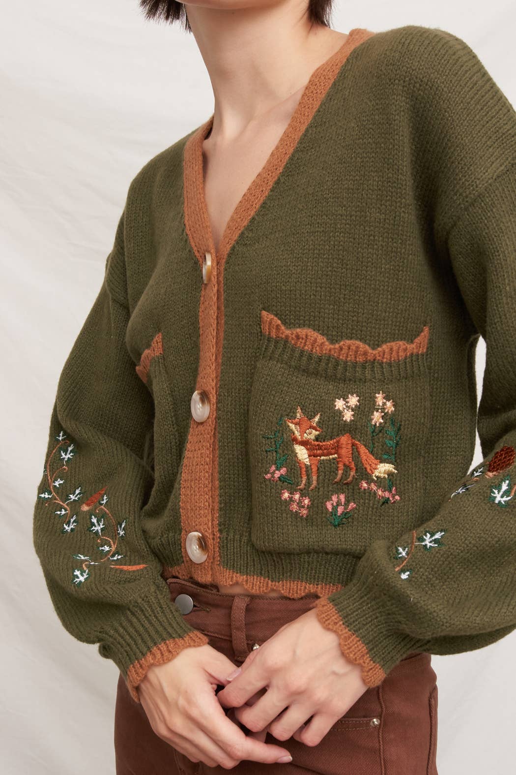 Fox Embroidered Long Sleeve Sweater Cardigan: Brown / S/M