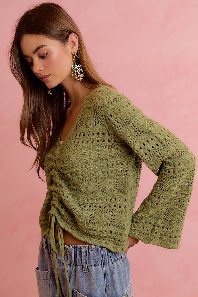 POINTELLE KNIT V NECK RUCHED FRONT LIGHTWEIGHT TOP: IVORY / L