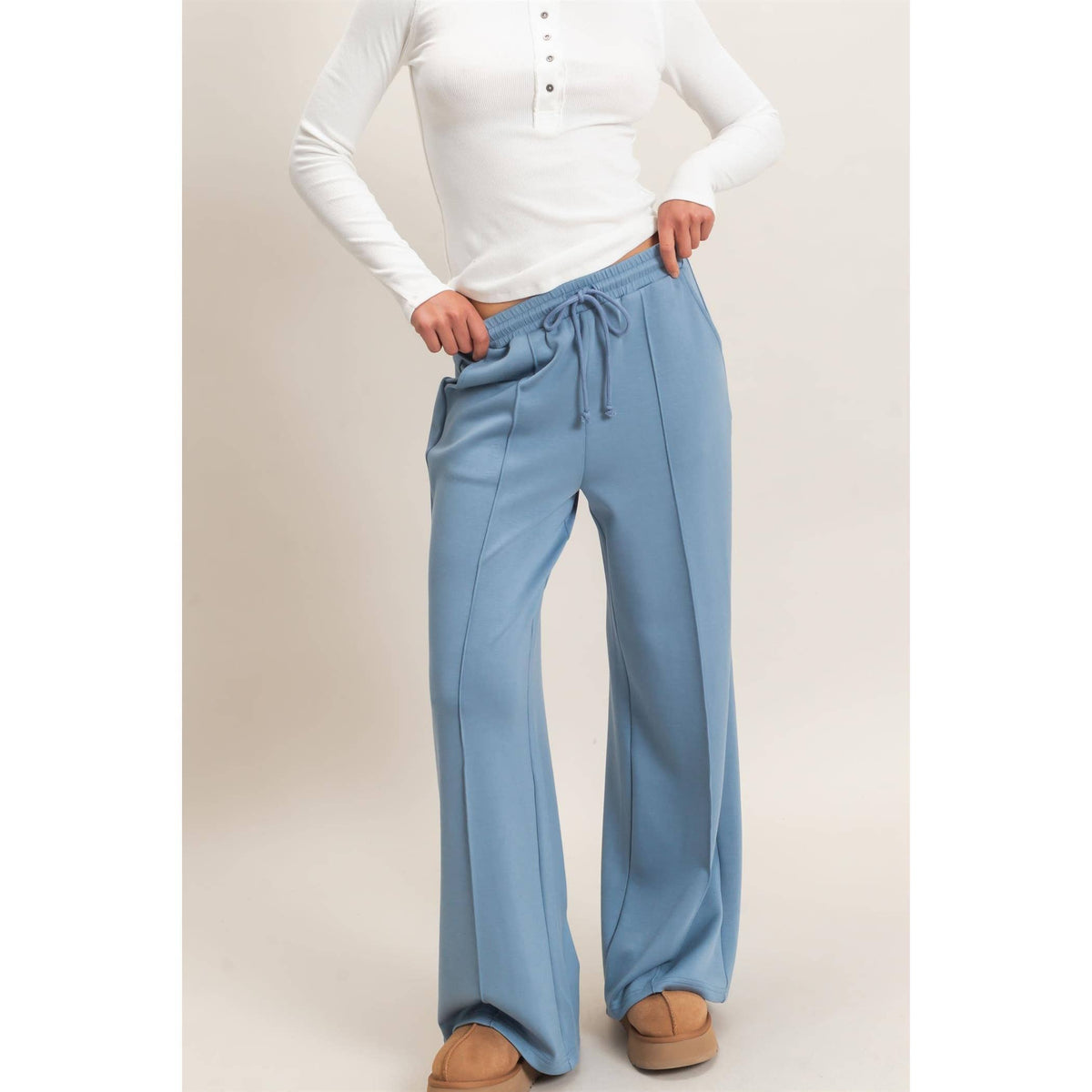 Drawstring Waist Pintuck Wide Leg Pants: HEATHER GRAY / S-M-L(2-2-2)