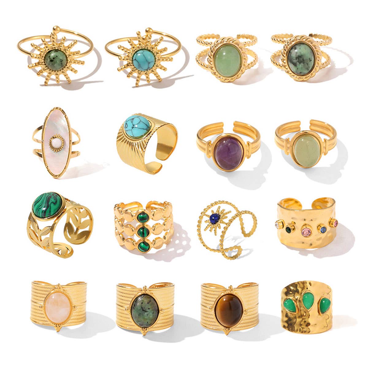 GOLD STAINLESS STEEL INLAID NATURAL STONE RINGS_CWAJE0611: TYPE1 / (OS) 3