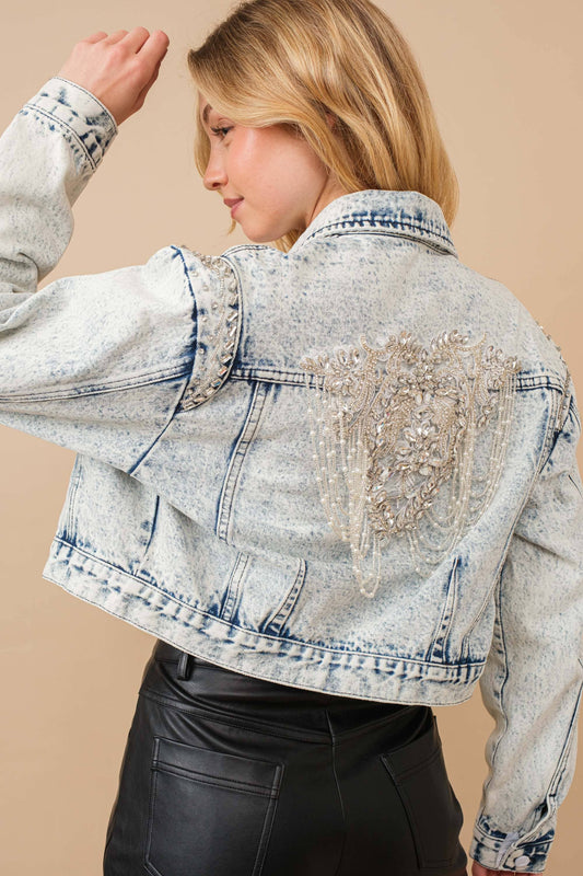 80037J - Acid Washed Shoulder Beading Denim Jacket: LIGHT WASH / M
