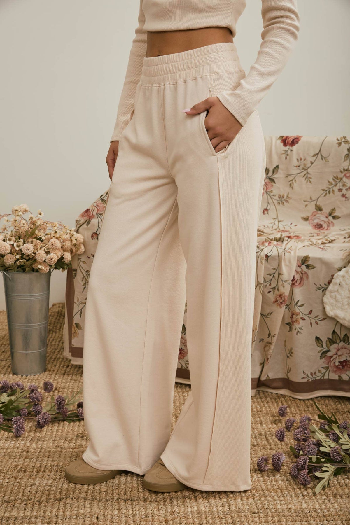 ELASTIC WAIST SIDE PANEL KNIT LOUNGE PANTS : BROWN