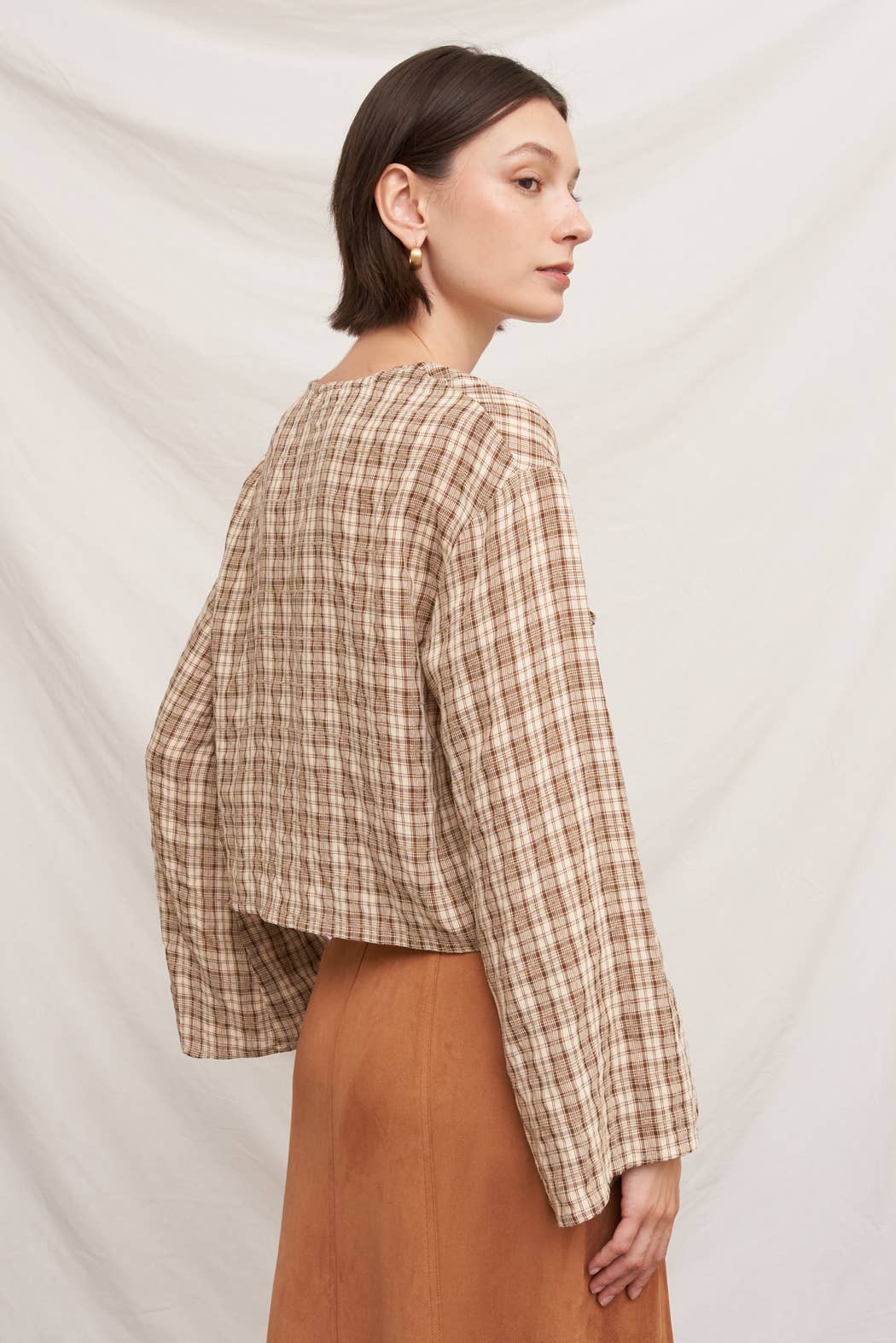 Tie Front Long Sleeve Plaid Blouse: Blue / M