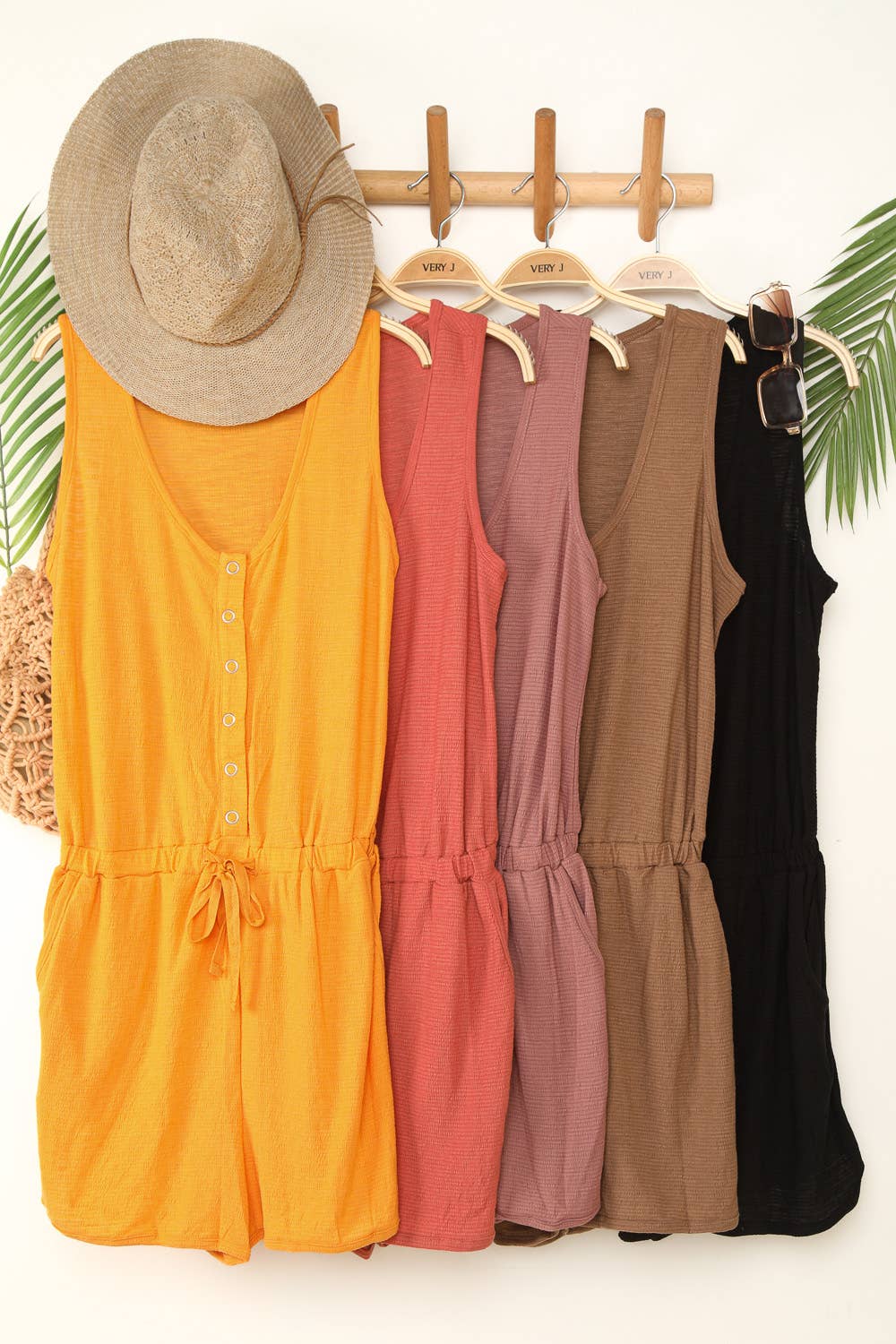 NP70002-Metal snap button down romper: MOCHA / S-M-L/2-2-2