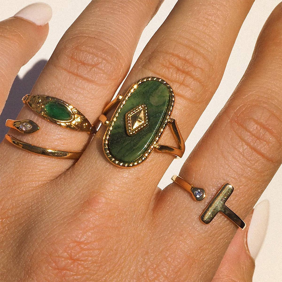 STAINLESS STEEL SNAKE NATURAL STONE RINGS_CWAJE0628: TYPE6 / (OS) 3