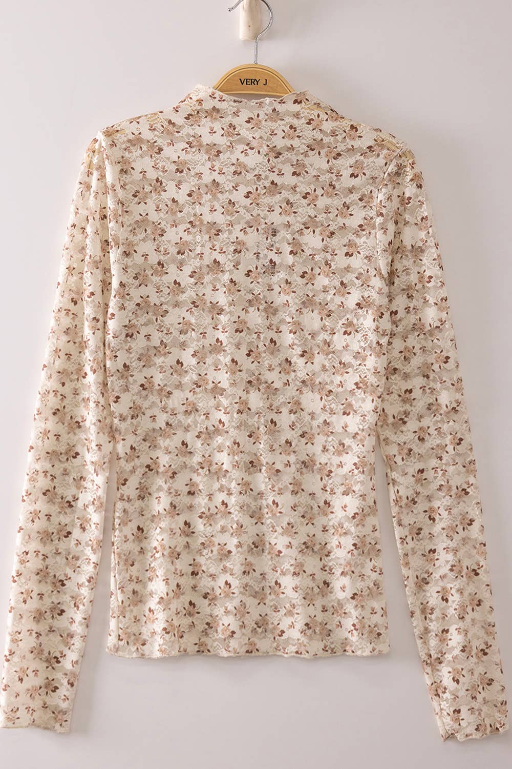 NT12220-High Neck Fitted Sheer Mesh Lace Knit Top: CREAM/PLUM BIG FLORAL-26 / S-M-L/2-2-2