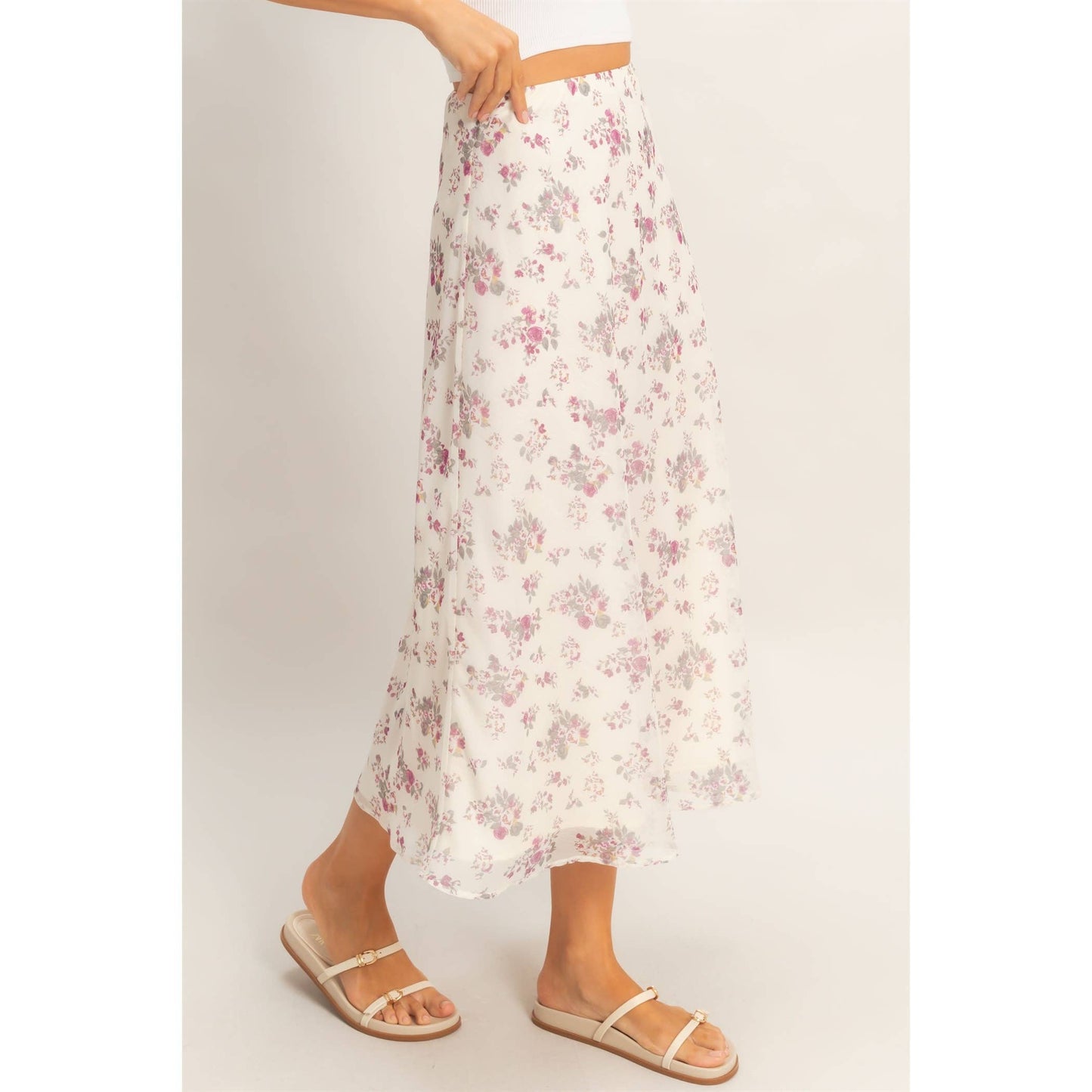 Floral Print Bias Skirt: BROWN / S-M-L(2-2-2)