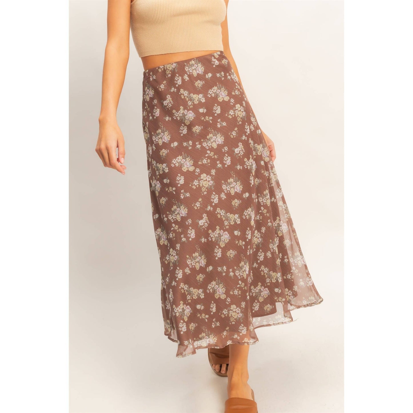 Floral Print Bias Skirt: BROWN / S-M-L(2-2-2)