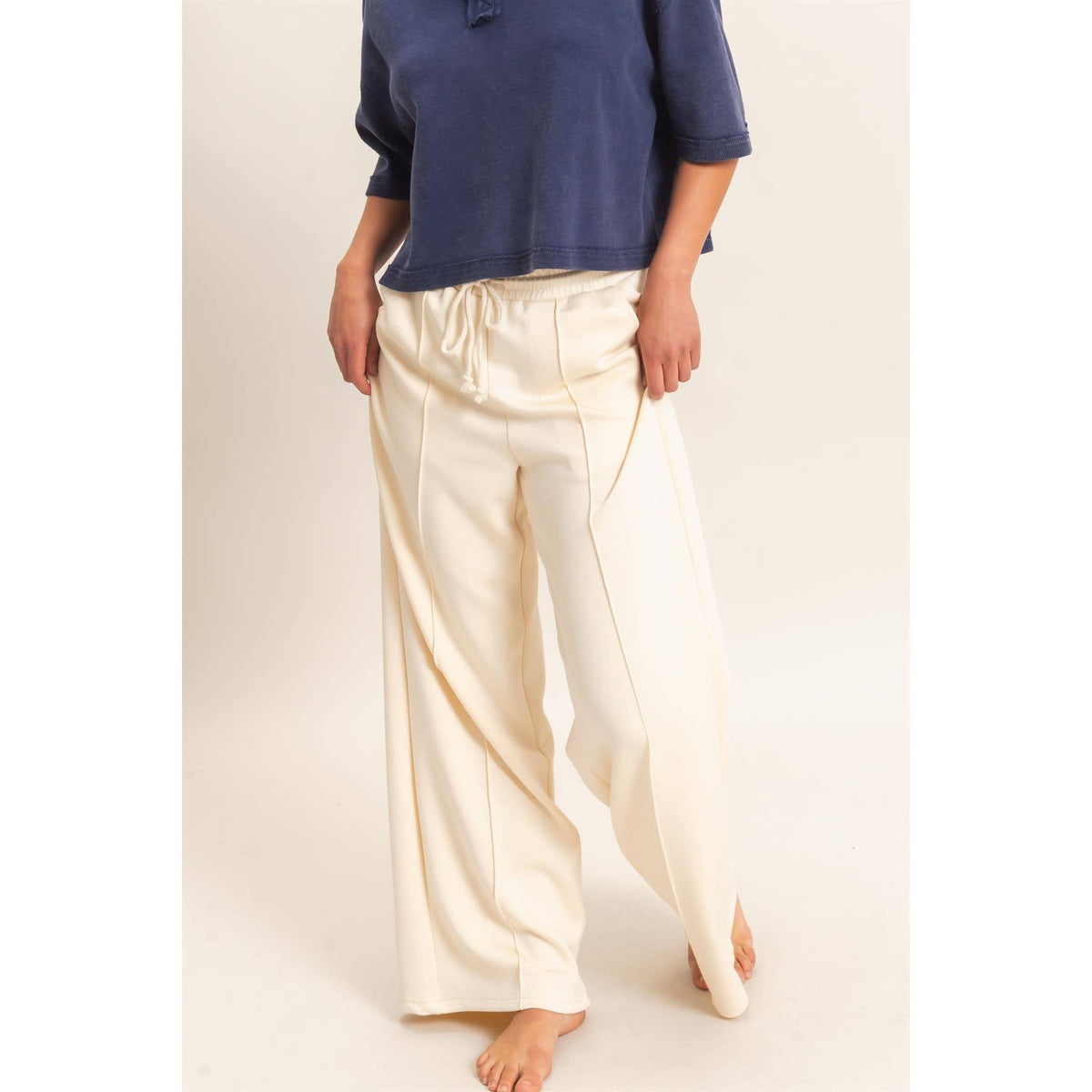 Drawstring Waist Pintuck Wide Leg Pants: COCOA / S-M-L(2-2-2)