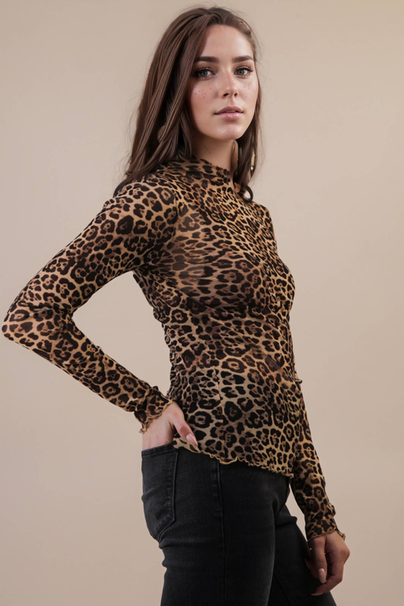 NT12220-High Neck Fitted Sheer Mesh Lace Knit Top: FOREST / S-M-L/2-2-2