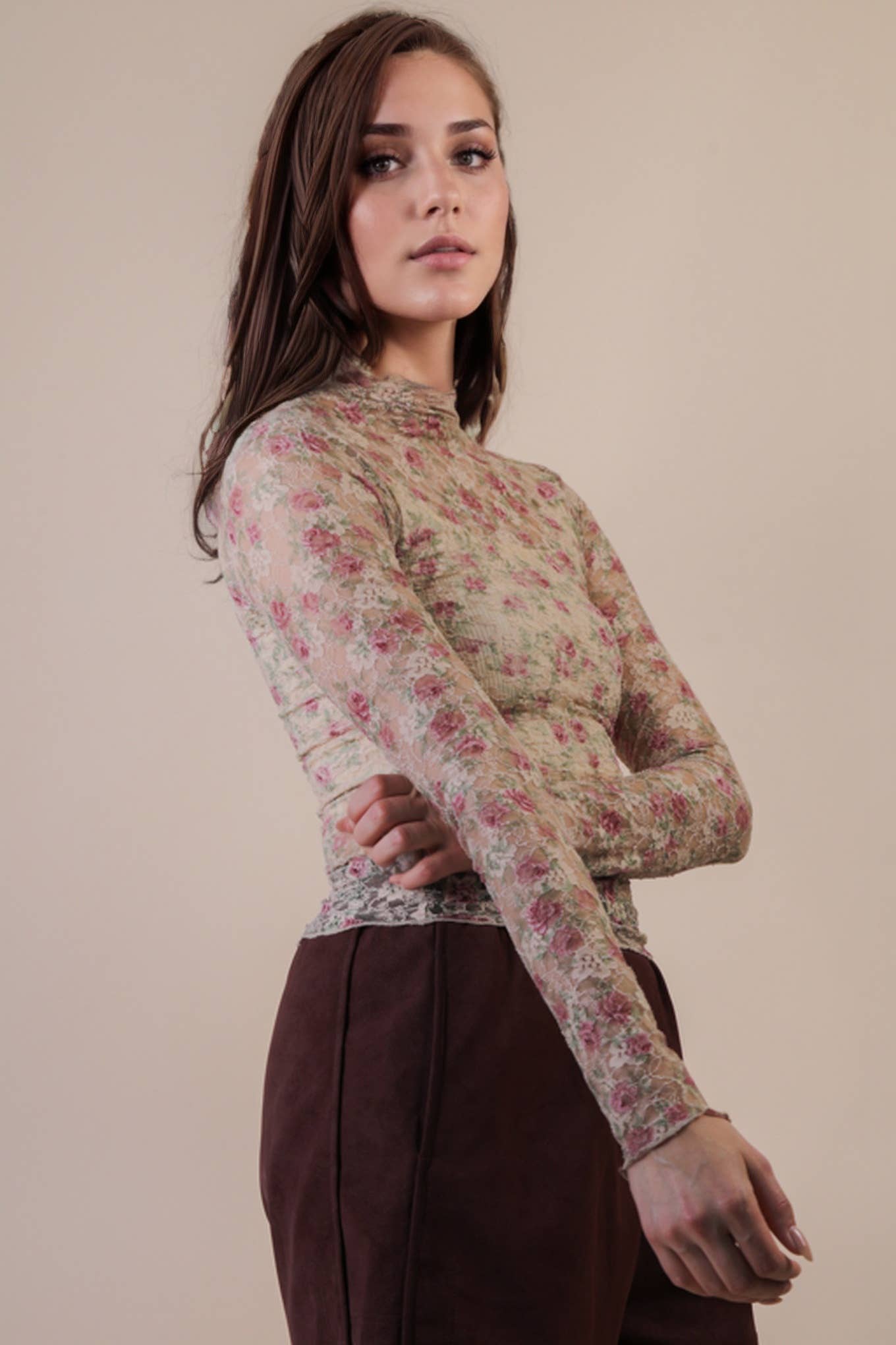 NT12220-High Neck Fitted Sheer Mesh Lace Knit Top: FOREST / S-M-L/2-2-2