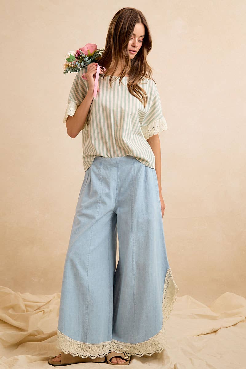 WIDE LEG CROCHET LACE WITH TULIP HEM JEANS: DENIM / XL