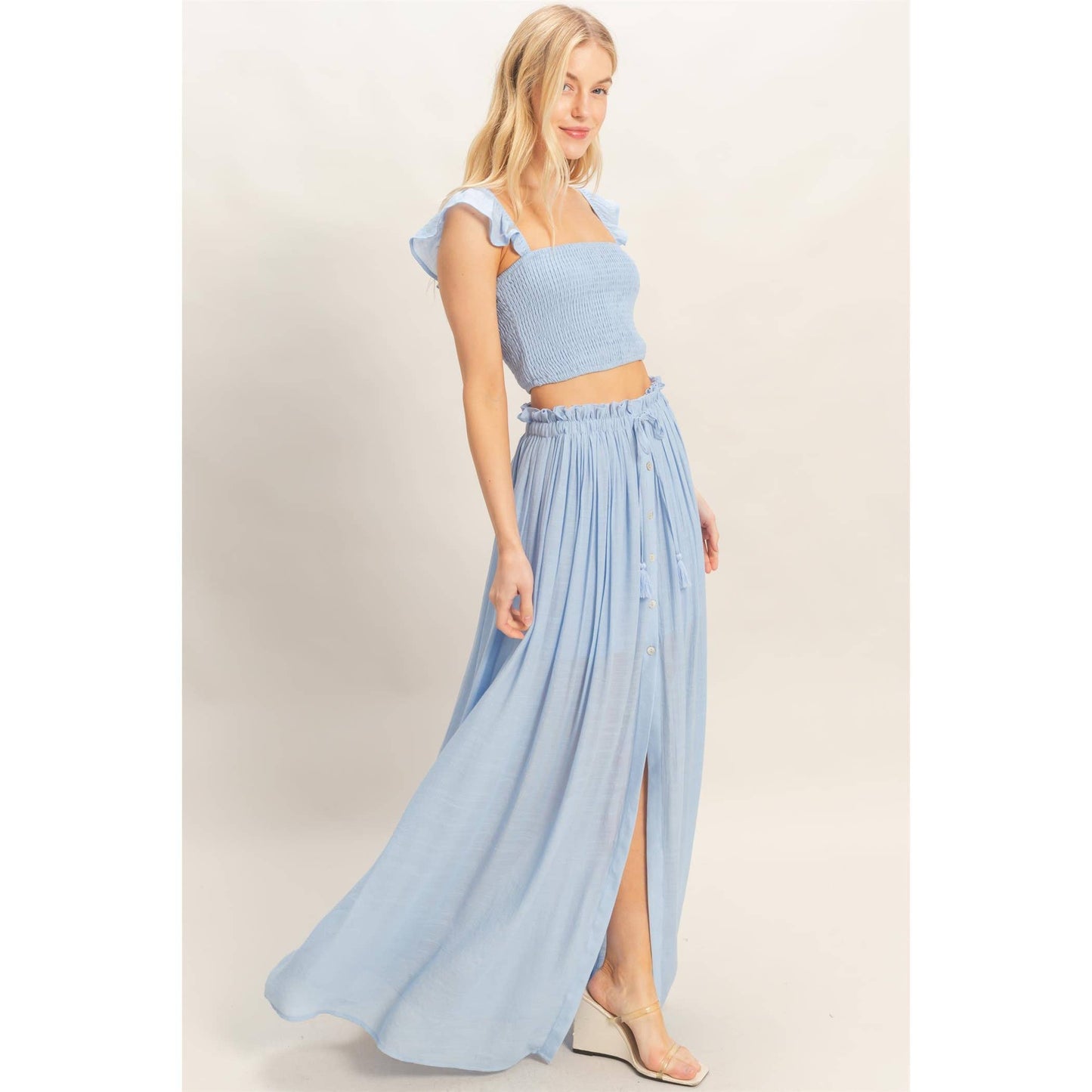 Smocked Top & Maxi Skirt Set: POWDER BLUE / S-M-L(2-2-2)