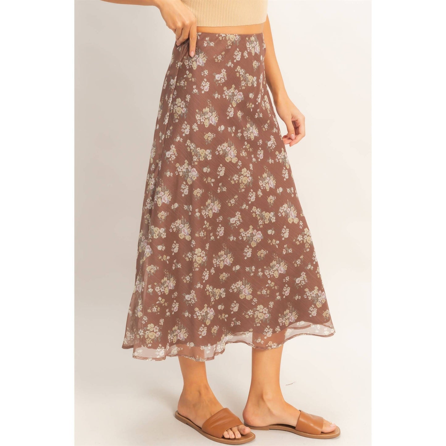 Floral Print Bias Skirt: BROWN / S-M-L(2-2-2)