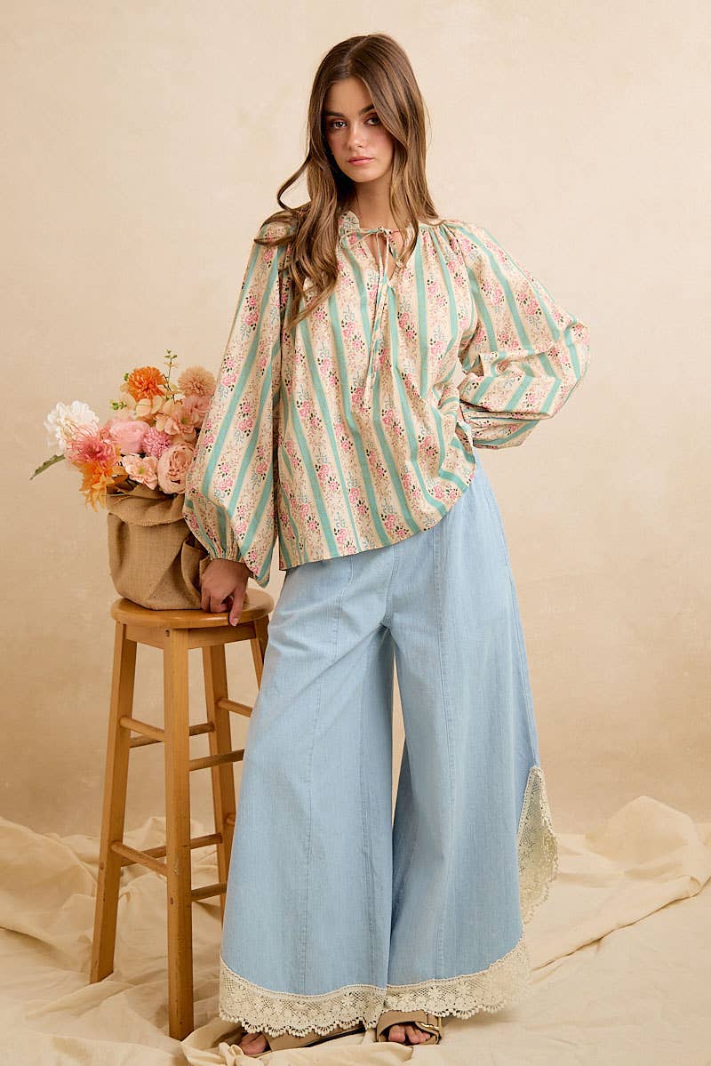 WIDE LEG CROCHET LACE WITH TULIP HEM JEANS: DENIM / S