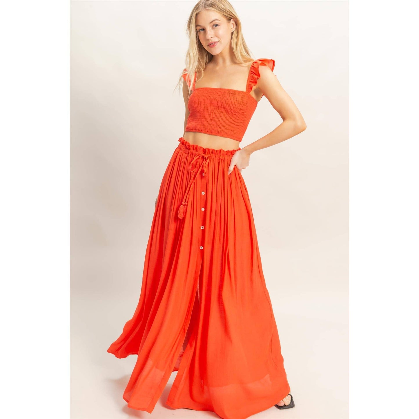 Smocked Top & Maxi Skirt Set: POWDER BLUE / S-M-L(2-2-2)