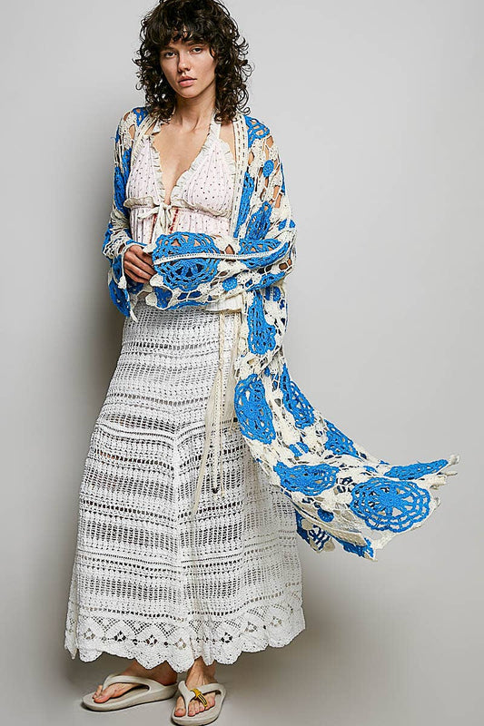 Maxi Long Sleeve Crochet Open Cardigan: BLUE MULTI / OS