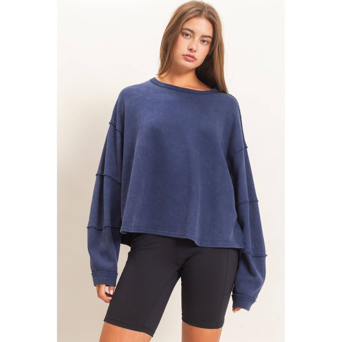 Mineral Wash Overzised Raw Edge Crew Neck Top: DARK RED / S-M-L(2-2-2)