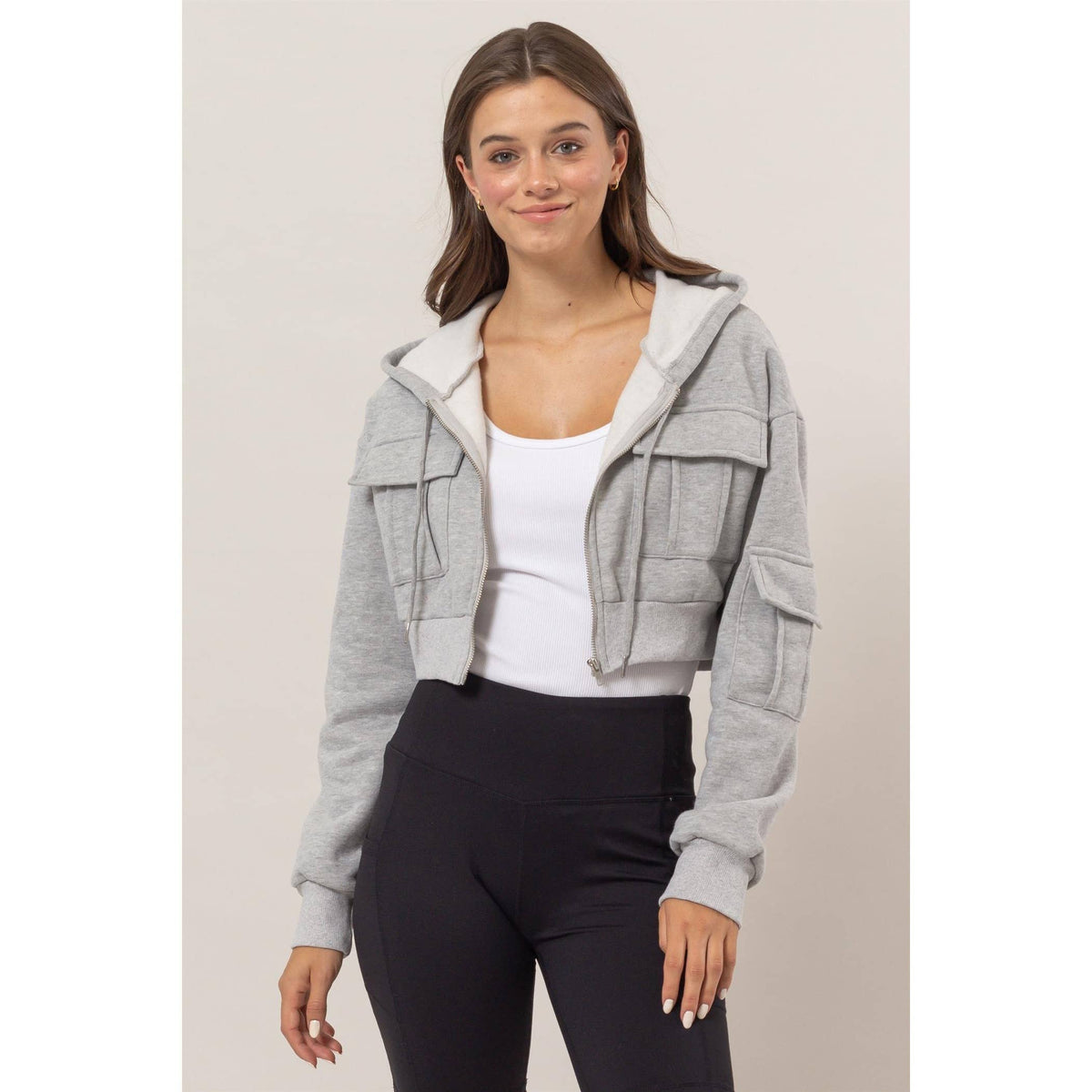 Fleece French Terry Cropped Jacket: BLACK / S-M-L(2-2-2)