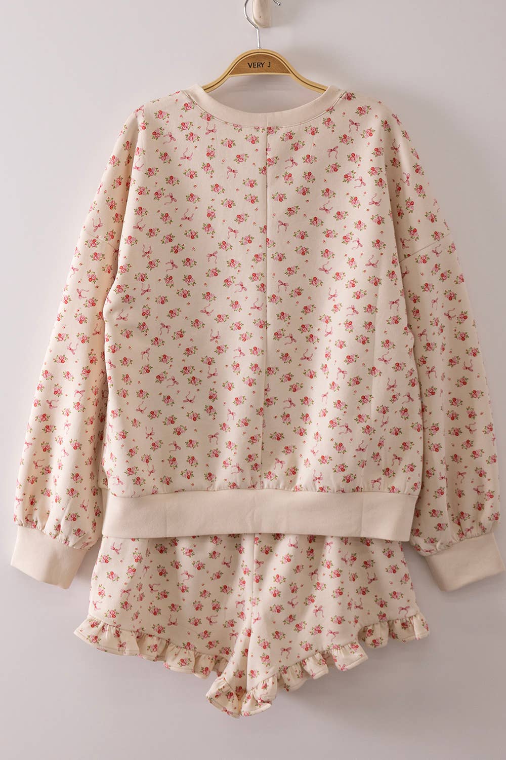 NT12635SET-Floral Printed Knit Comfy Top & Shorts Set: TAUPE FLORAL / S-M-L/2-2-2