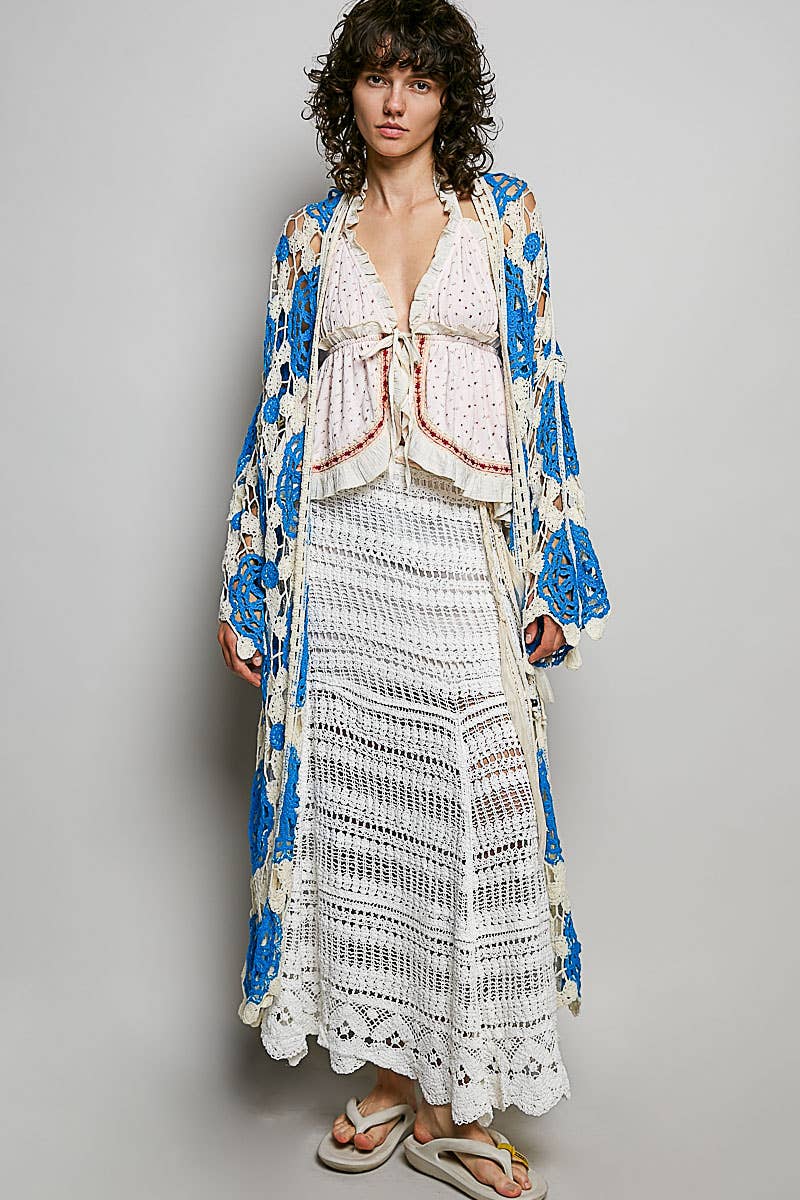 Maxi Long Sleeve Crochet Open Cardigan: BLUE MULTI / OS