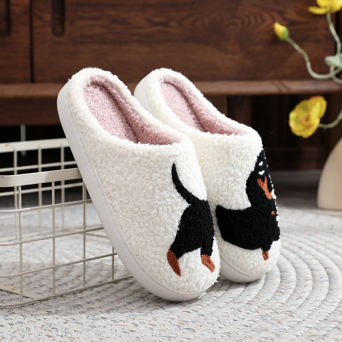 POPULAR DACHSHUND EMBROIDERED COTTON SLIPPERS_CWSHS0769: White / (7) 1
