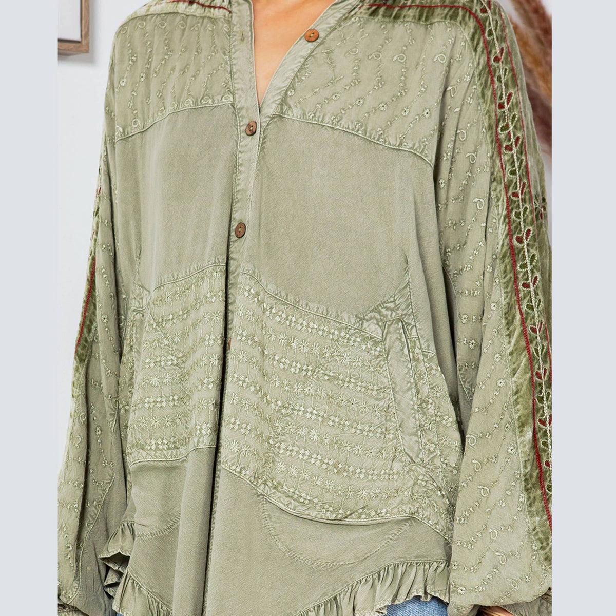 Bohemian Elegance: Stonewashed Rayon Top: Olive / REGULAR (S-M-L-XL-1-2-2-1)