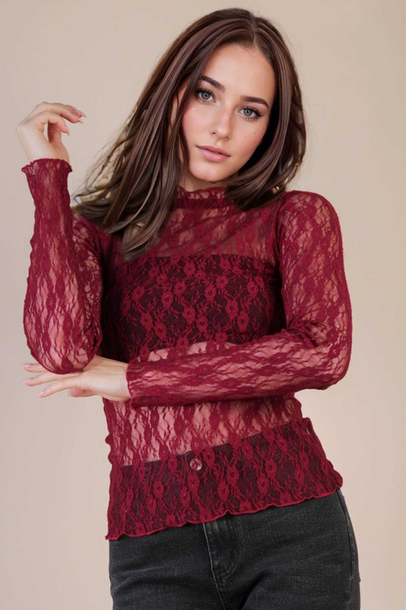 NT12220-High Neck Fitted Sheer Mesh Lace Knit Top: FOREST / S-M-L/2-2-2
