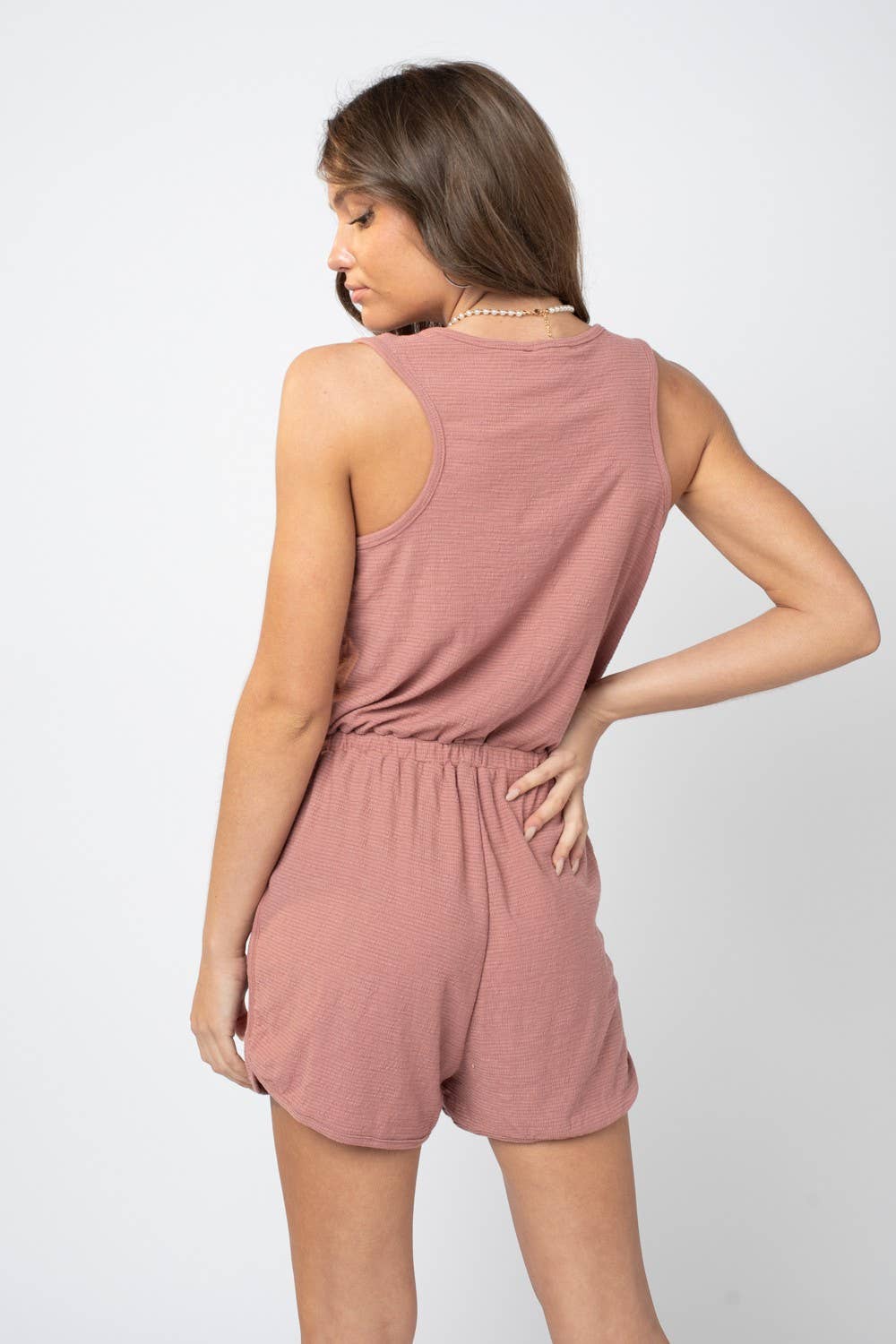 NP70002-Metal snap button down romper: MOCHA / S-M-L/2-2-2