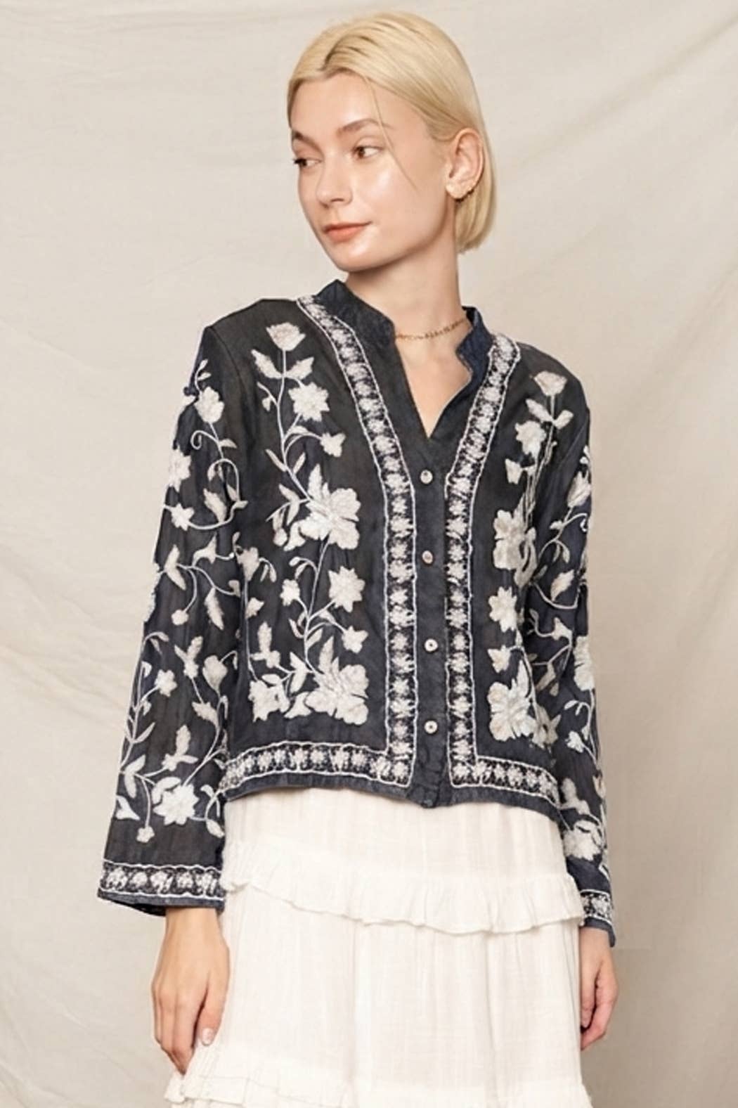 Long Sleeve Embroidered Denim Button Down Top: Dark Denim / M/L
