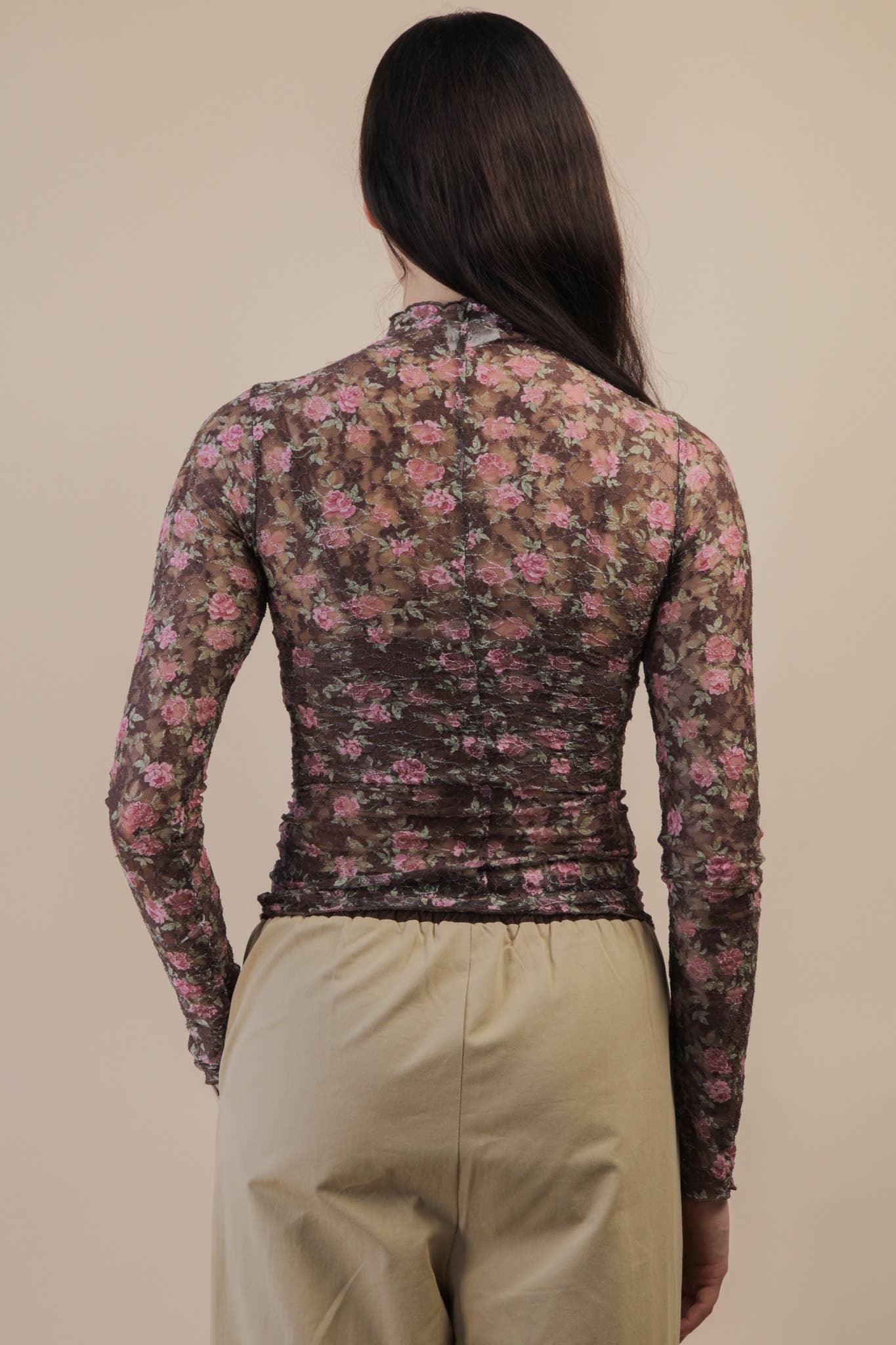 NT12220-High Neck Fitted Sheer Mesh Lace Knit Top: FOREST / S-M-L/2-2-2