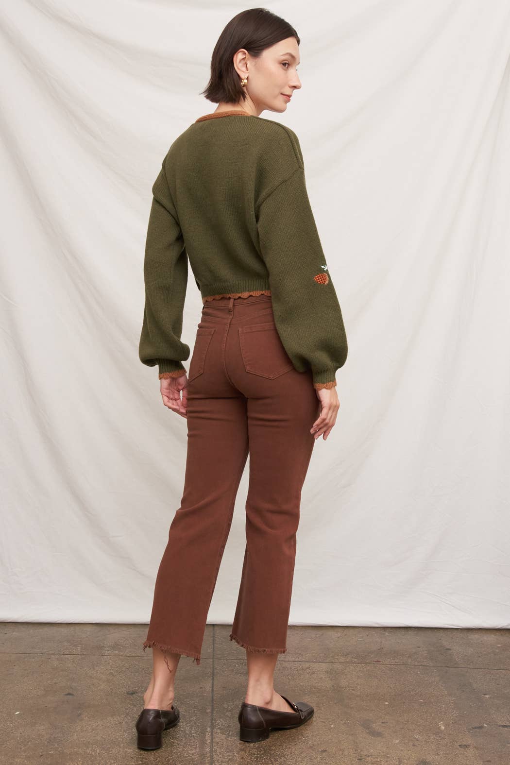 Fox Embroidered Long Sleeve Sweater Cardigan: Brown / S/M