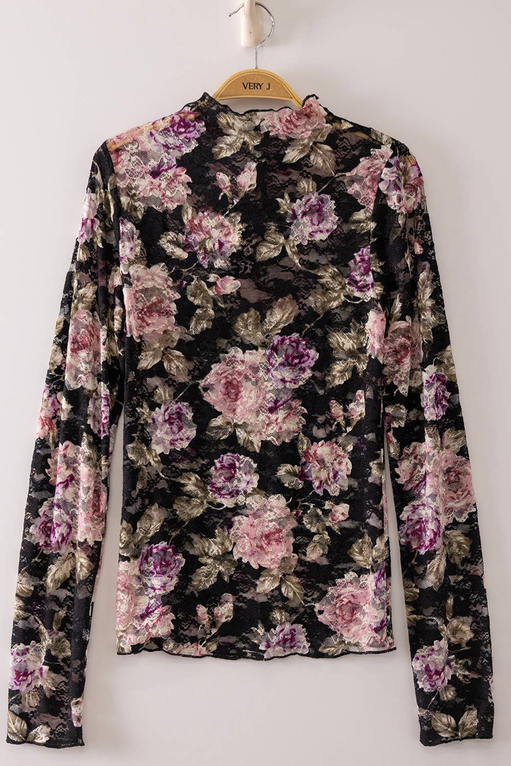 NT12220-High Neck Fitted Sheer Mesh Lace Knit Top: MUSTARD DIZZY FLORAL-26 / S-M-L/2-2-2