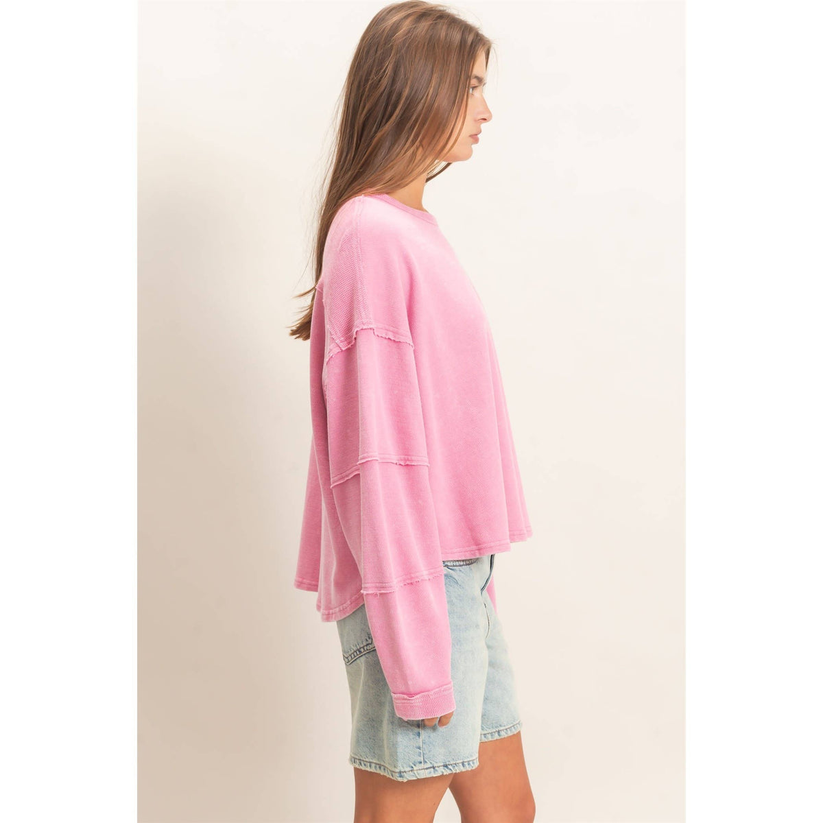 Mineral Wash Overzised Raw Edge Crew Neck Top: DARK RED / S-M-L(2-2-2)