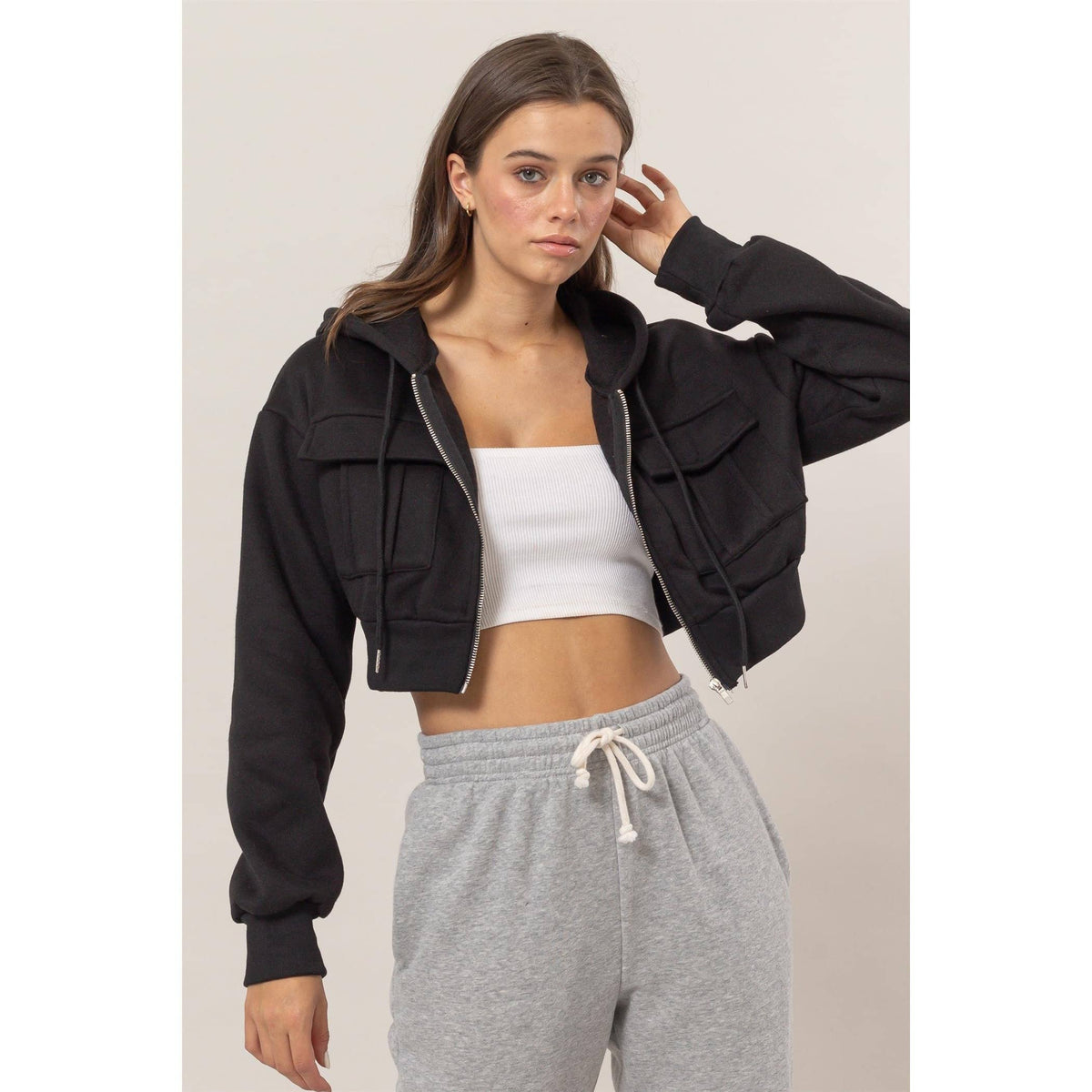 Fleece French Terry Cropped Jacket: BLACK / S-M-L(2-2-2)