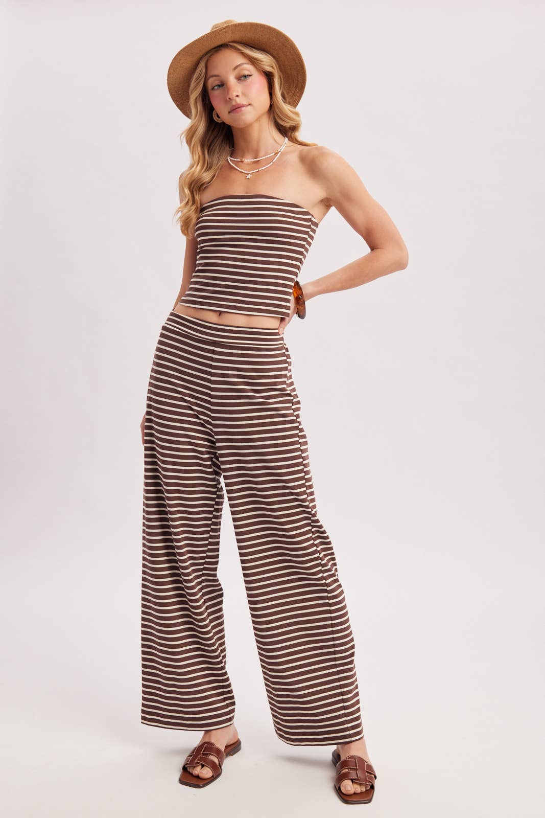 STRIPED KNIT TUBE AND WIDE PANTS SET: MOCHA COMBO / M