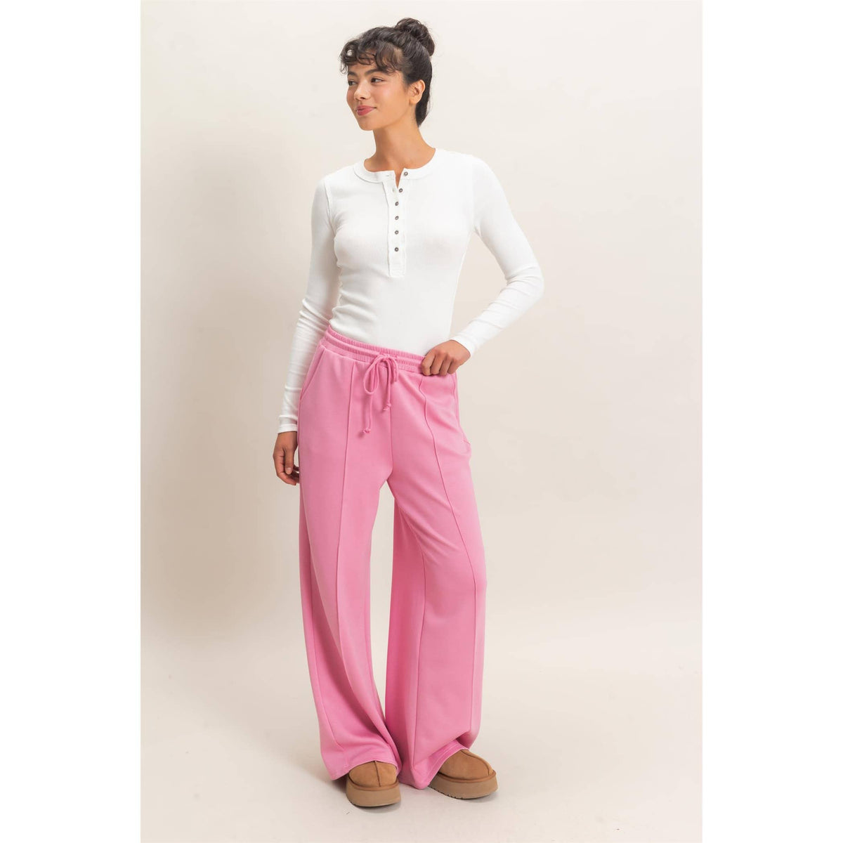 Drawstring Waist Pintuck Wide Leg Pants: HEATHER GRAY / S-M-L(2-2-2)