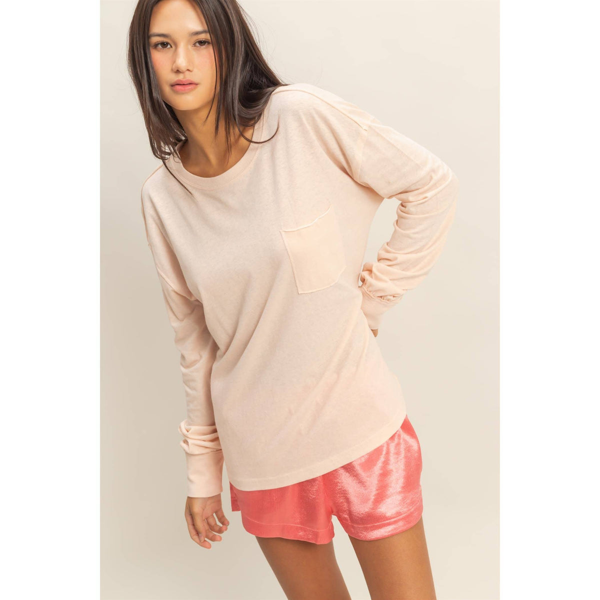Long Sleeve Pocket T-Shirt: DUSTY PINK / S-M-L(2-2-2)