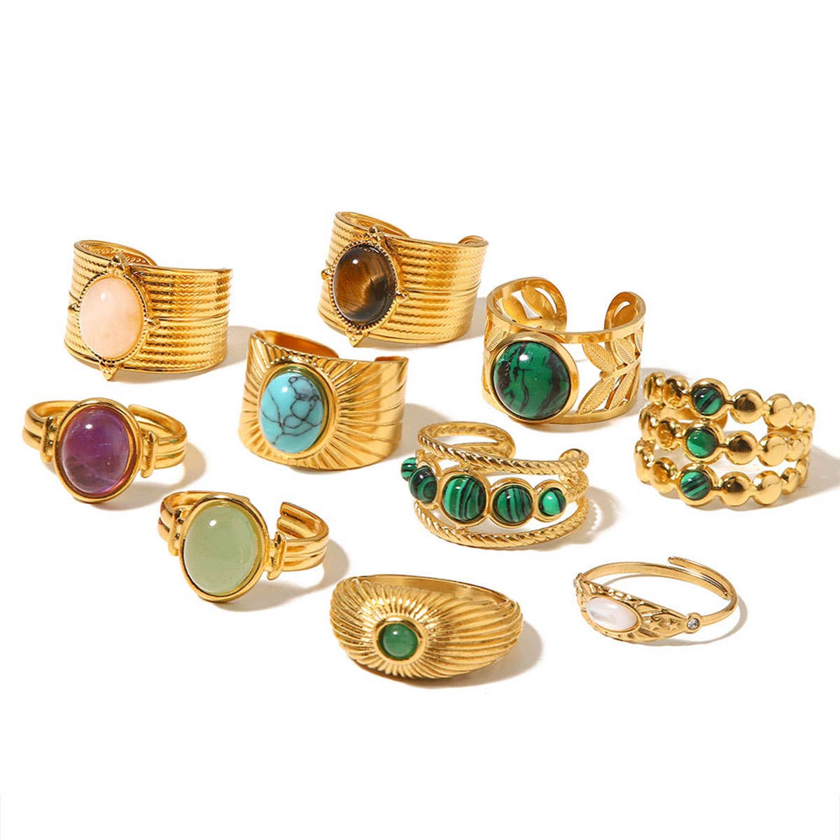 GOLD STAINLESS STEEL INLAID NATURAL STONE RINGS_CWAJE0611: TYPE1 / (OS) 3
