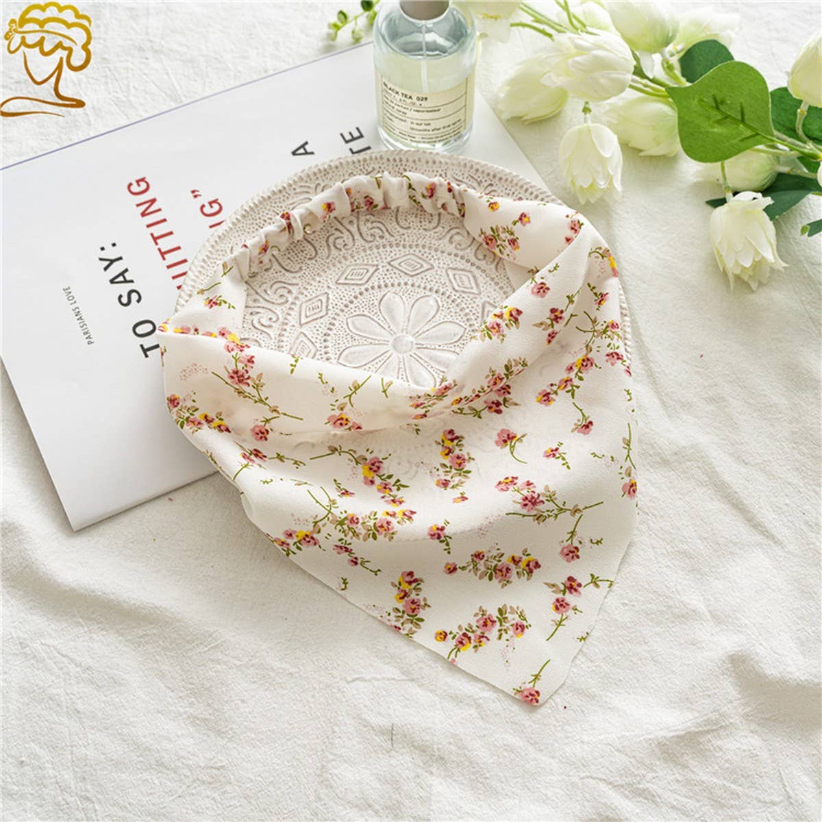 FLORAL PASTORAL STYLE TURBAN WITH ELASTIC BANDANA_CWAHA0847: Yellow / (OS) 3