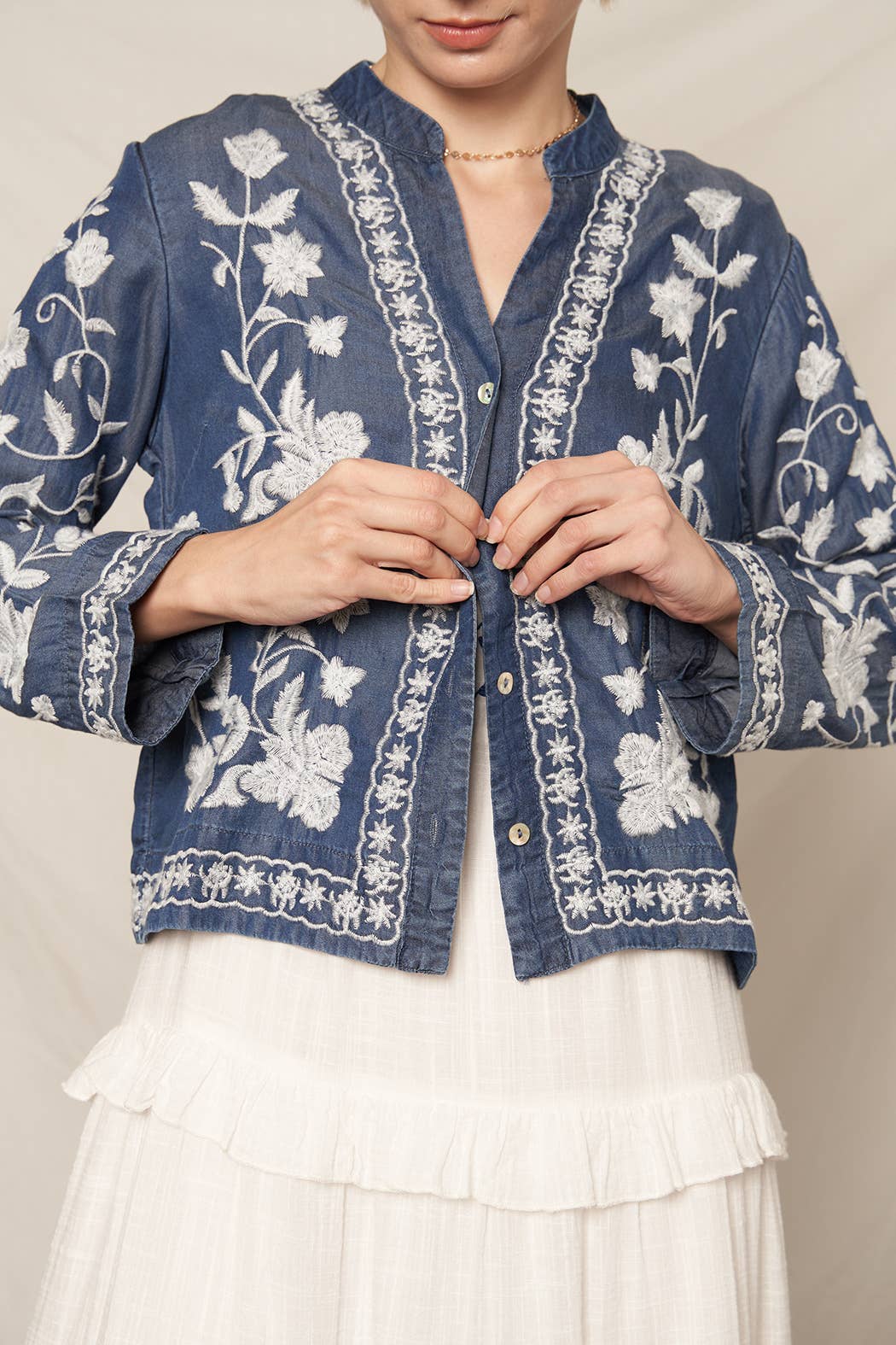 Long Sleeve Embroidered Denim Button Down Top: Dark Denim / M/L