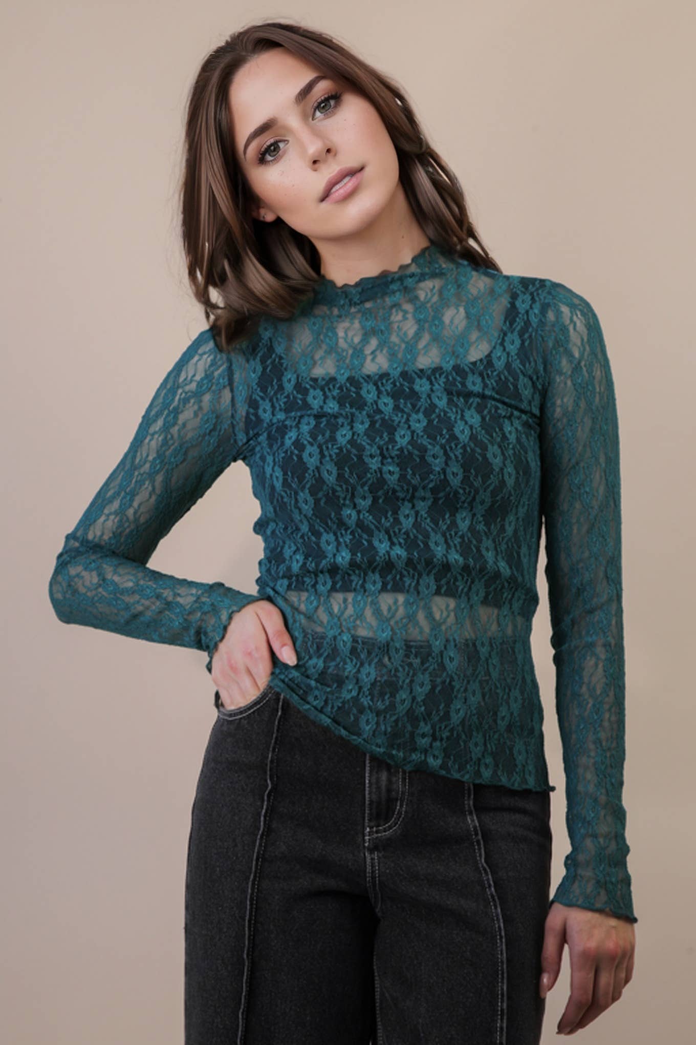 NT12220-High Neck Fitted Sheer Mesh Lace Knit Top: FOREST / S-M-L/2-2-2