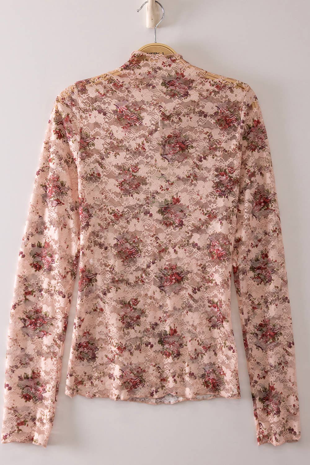 NT12220-High Neck Fitted Sheer Mesh Lace Knit Top: BLUSH/CHERRY FLORAL-26 / S-M-L/2-2-2