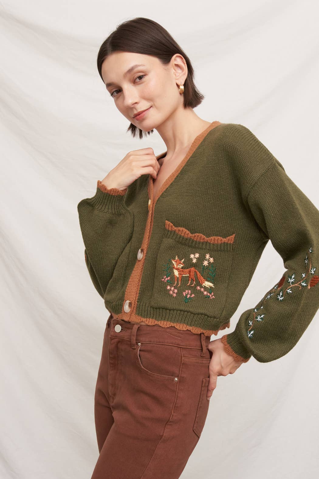 Fox Embroidered Long Sleeve Sweater Cardigan: Brown / M/L