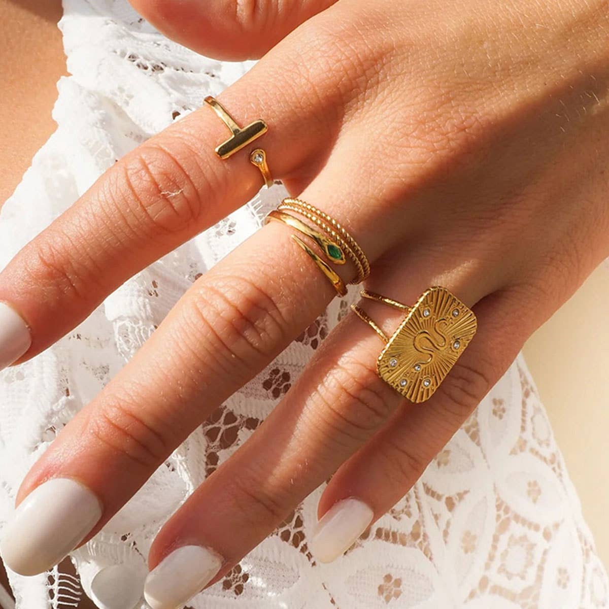 STAINLESS STEEL SNAKE NATURAL STONE RINGS_CWAJE0628: TYPE6 / (OS) 3