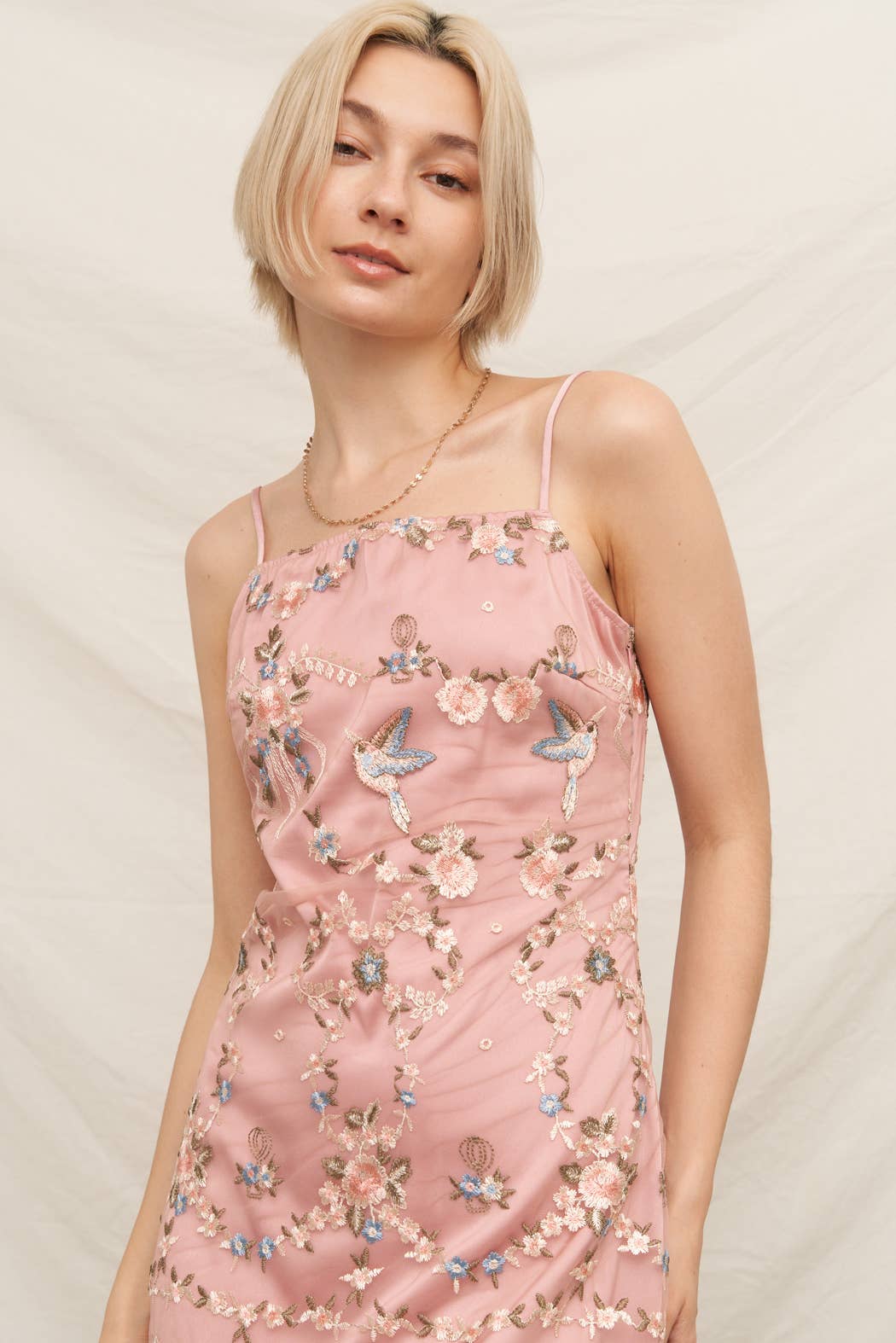 Sleeveless Embroidered Detail Mini Dress: Blush Multi / S