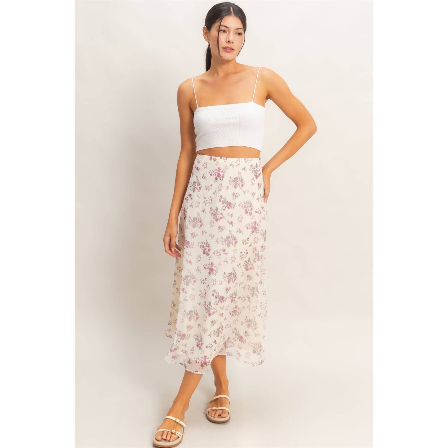 Floral Print Bias Skirt: BROWN / S-M-L(2-2-2)