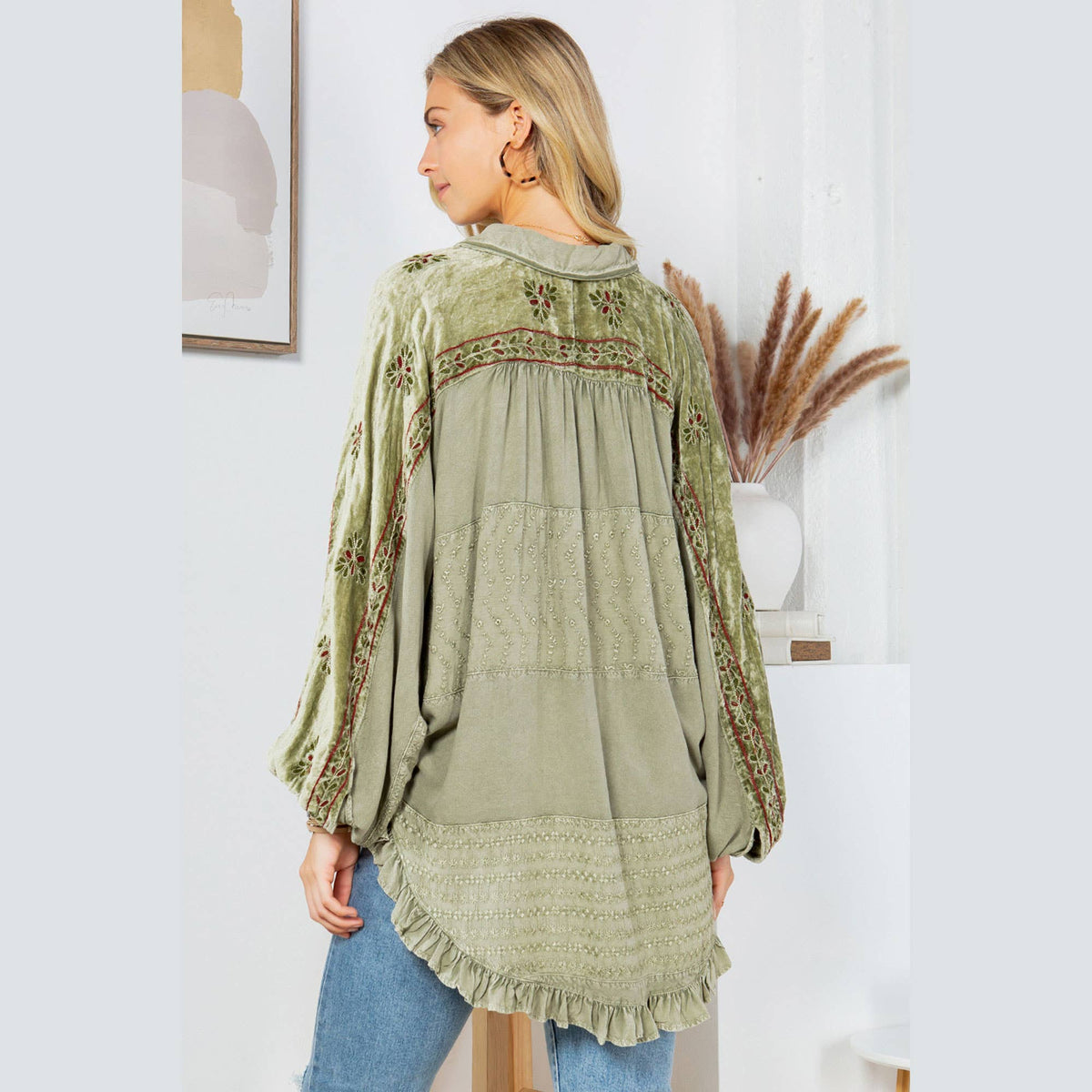 Bohemian Elegance: Stonewashed Rayon Top: Olive / REGULAR (S-M-L-XL-1-2-2-1)