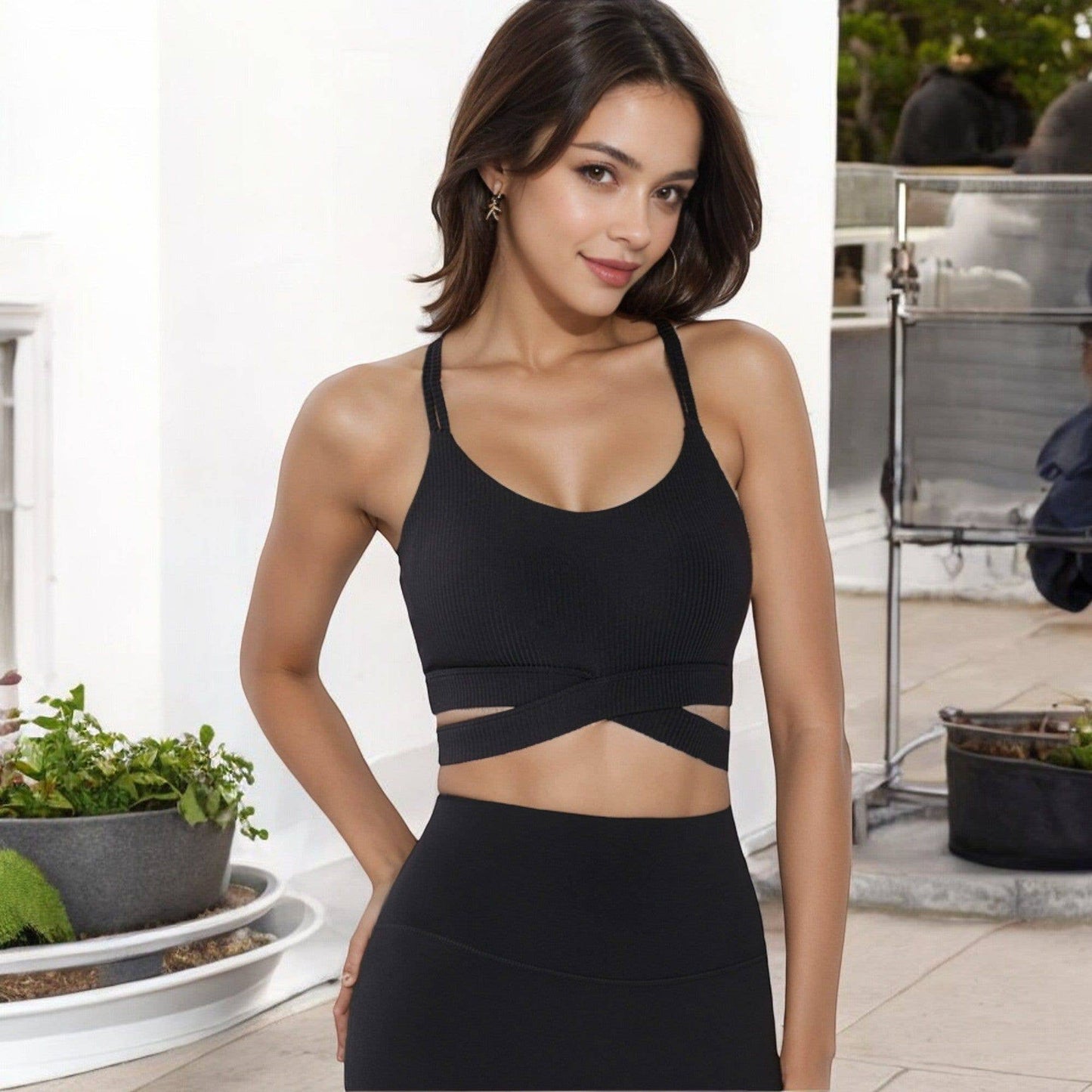 Ribbed Cross Strap Sports Bra with Double Strap Detail: Beige / Small 4-6