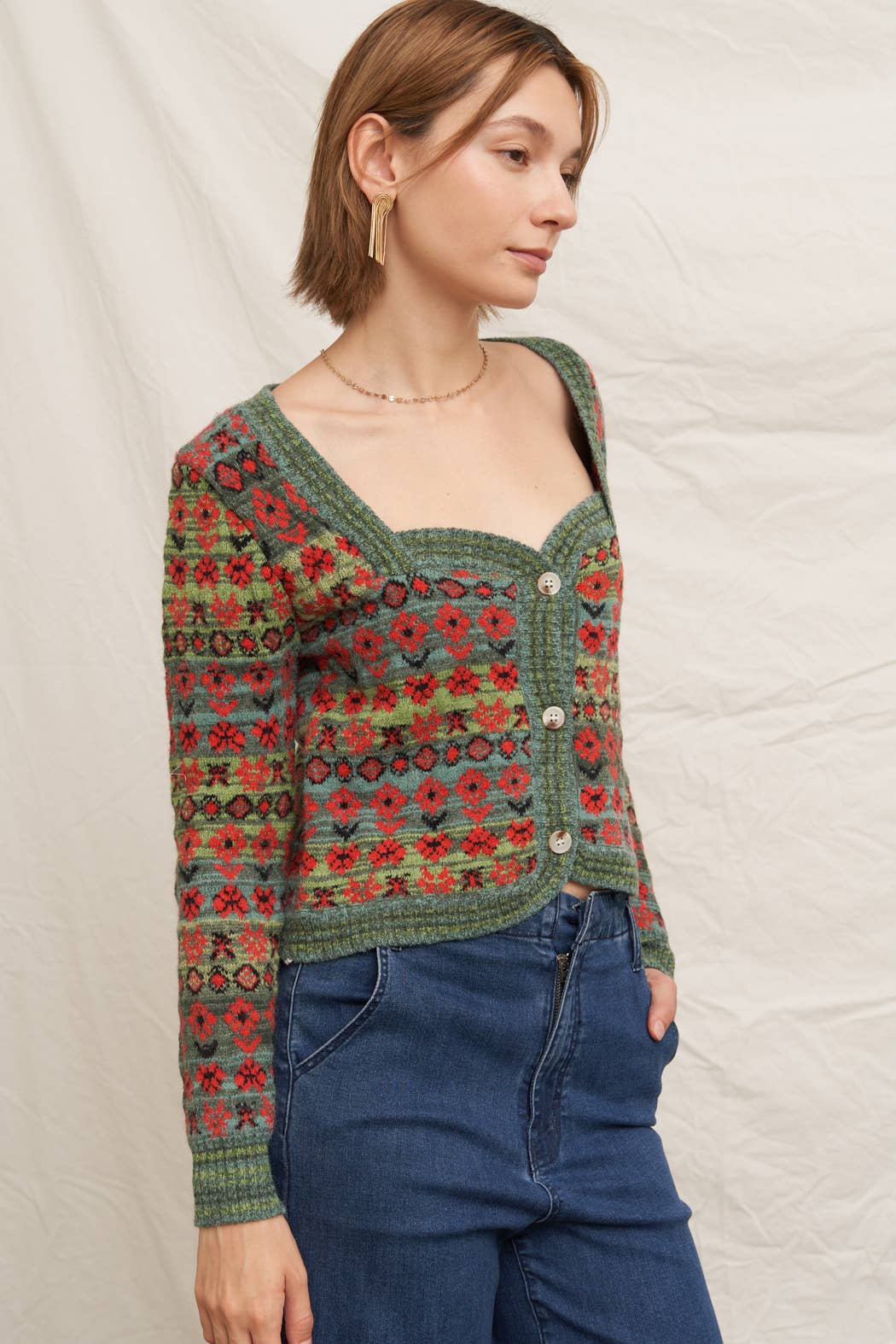Floral Jacquard Sweetheart Neckline Sweater Cardigan: Green Multi / S
